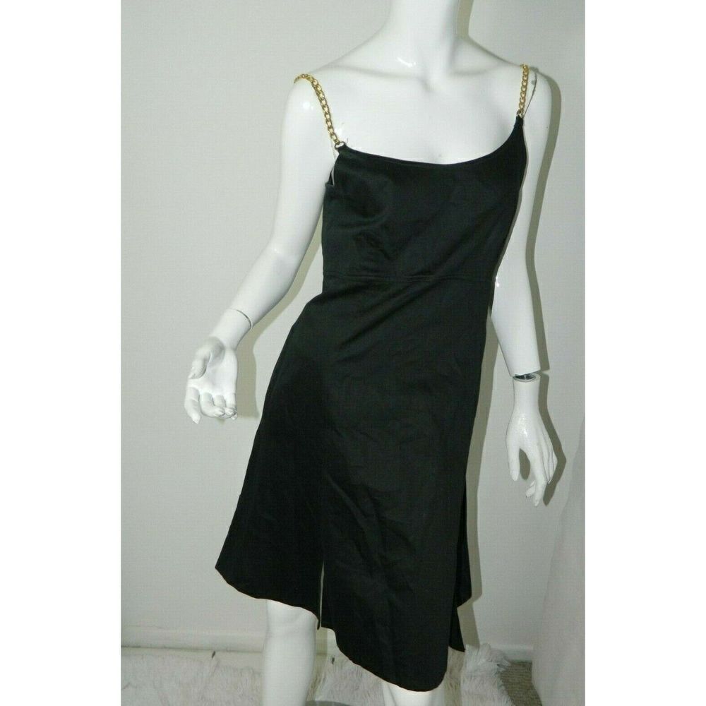 Louis Feraud Dress Black Size 8 Gold Chain Link Straps Vintage Party Dress